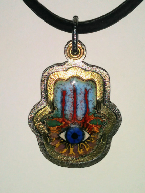 Hamsa Enamel pendant - stainless steel, brass, titanium bail