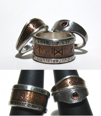 Runes his & her's  wedding bands - copper, silver, Garnet