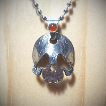 Quarter Coin Lowbrow Skull Carnelian Pendant Necklace