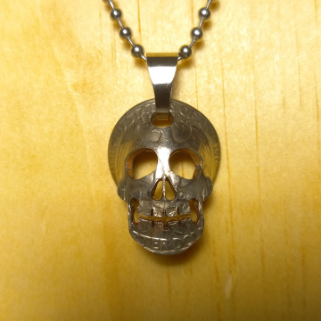 Quarter Coin Lowbrow Full Jaw Skull Pendant Necklace