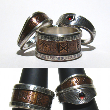 Runes his & her's  wedding bands - copper, silver, Garnet